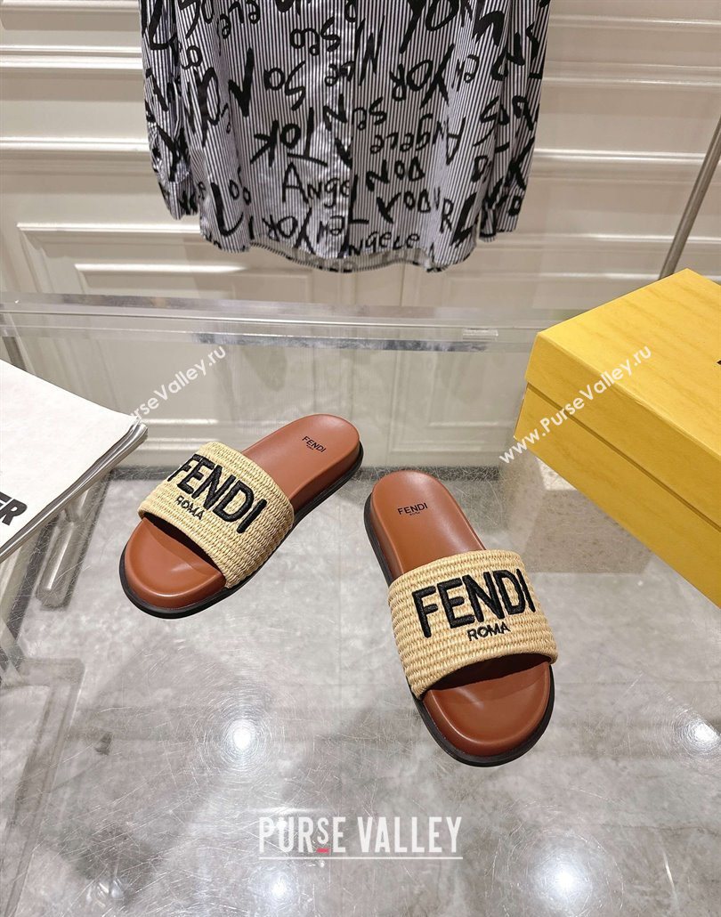 Fendi Flat Slides Sandal in Woven Straw-Like Beige/Brown 2025 0605 (MD-250605066)