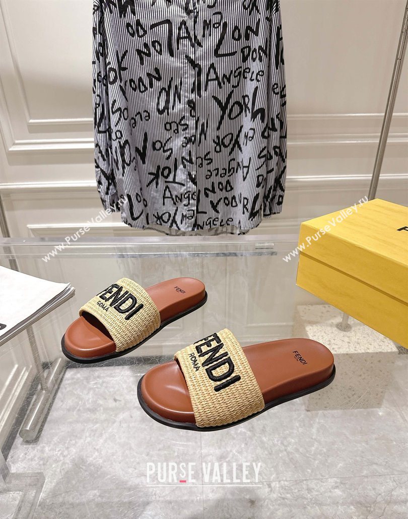 Fendi Flat Slides Sandal in Woven Straw-Like Beige/Brown 2025 0605 (MD-250605066)