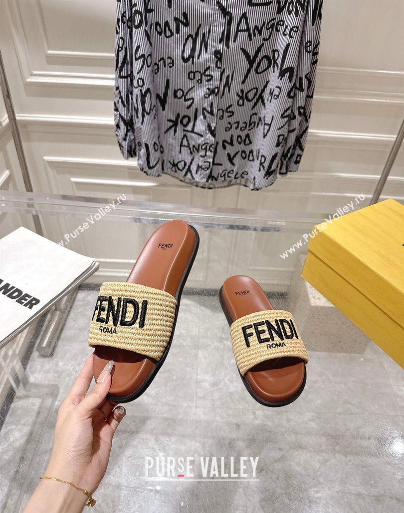 Fendi Flat Slides Sandal in Woven Straw-Like Beige/Brown 2025 0605 (MD-250605066)