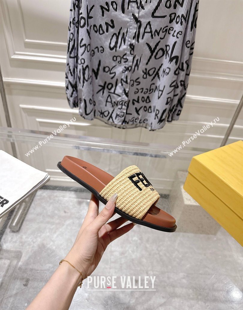 Fendi Flat Slides Sandal in Woven Straw-Like Beige/Brown 2025 0605 (MD-250605066)