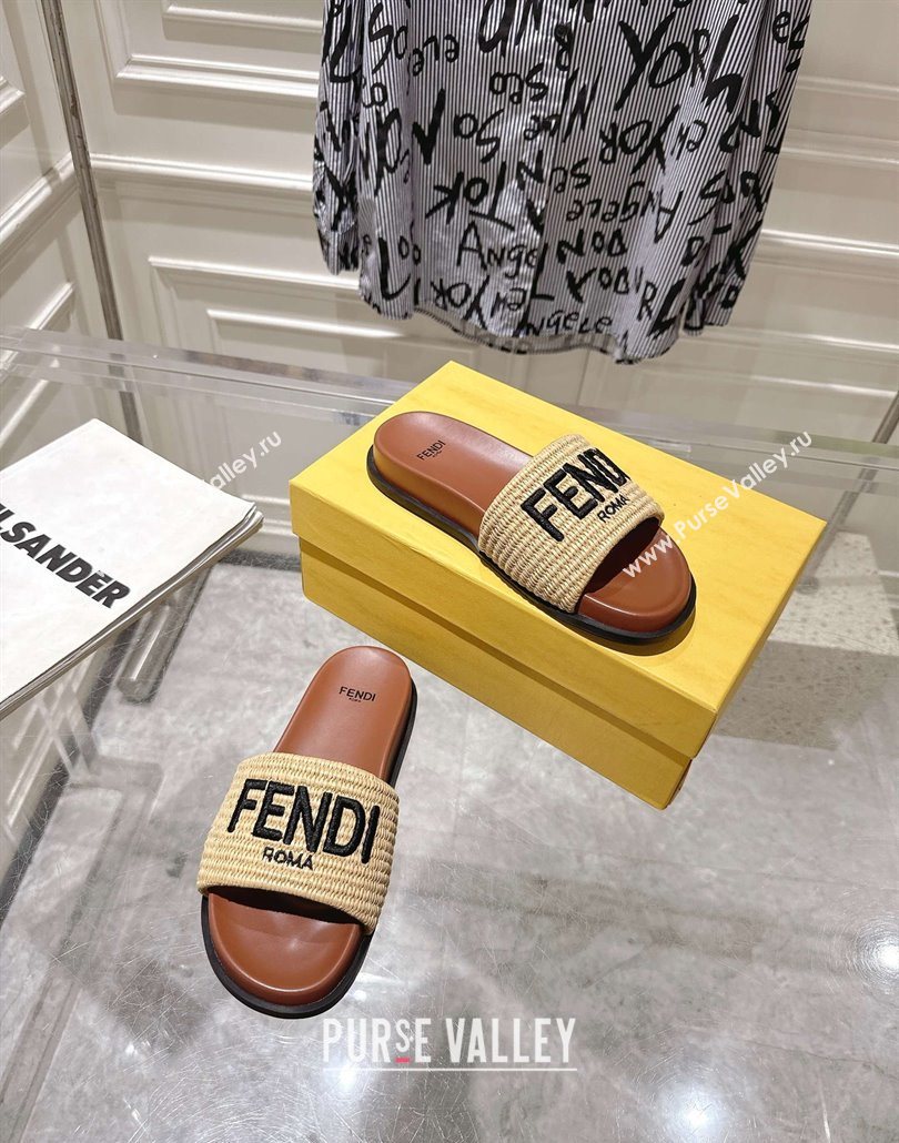 Fendi Flat Slides Sandal in Woven Straw-Like Beige/Brown 2025 0605 (MD-250605066)