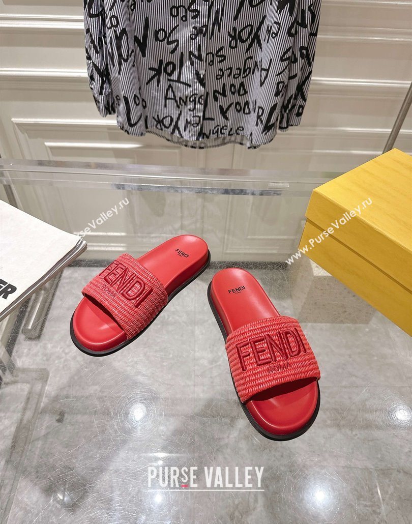 Fendi Flat Slides Sandal in Woven Straw-Like Dark Pink 2025 0605 (MD-250605067)