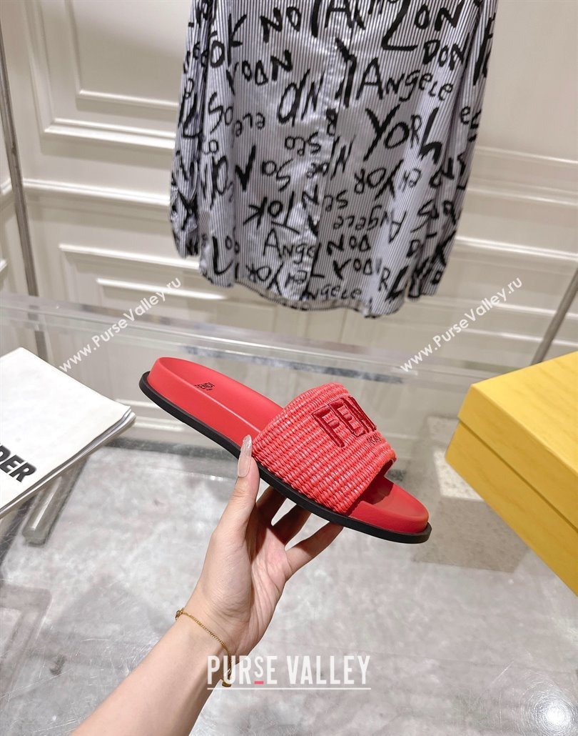 Fendi Flat Slides Sandal in Woven Straw-Like Dark Pink 2025 0605 (MD-250605067)