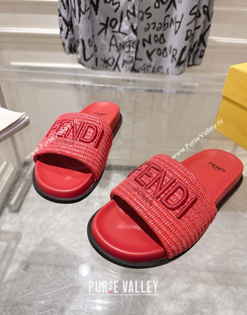 Fendi Flat Slides Sandal in Woven Straw-Like Dark Pink 2025 0605 (MD-250605067)