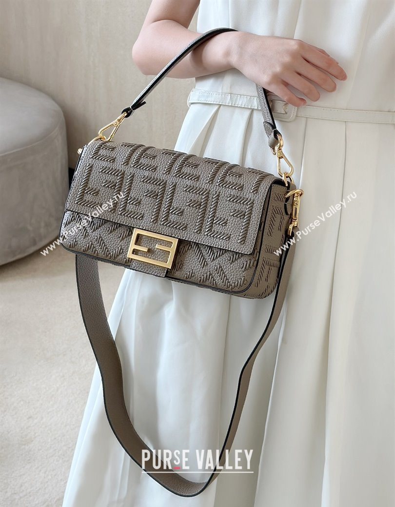 Fendi Baguette Medium Bag Cappuccino-colored leather bag with FF interlacing Grey 2025 8680 (CL-250628027)