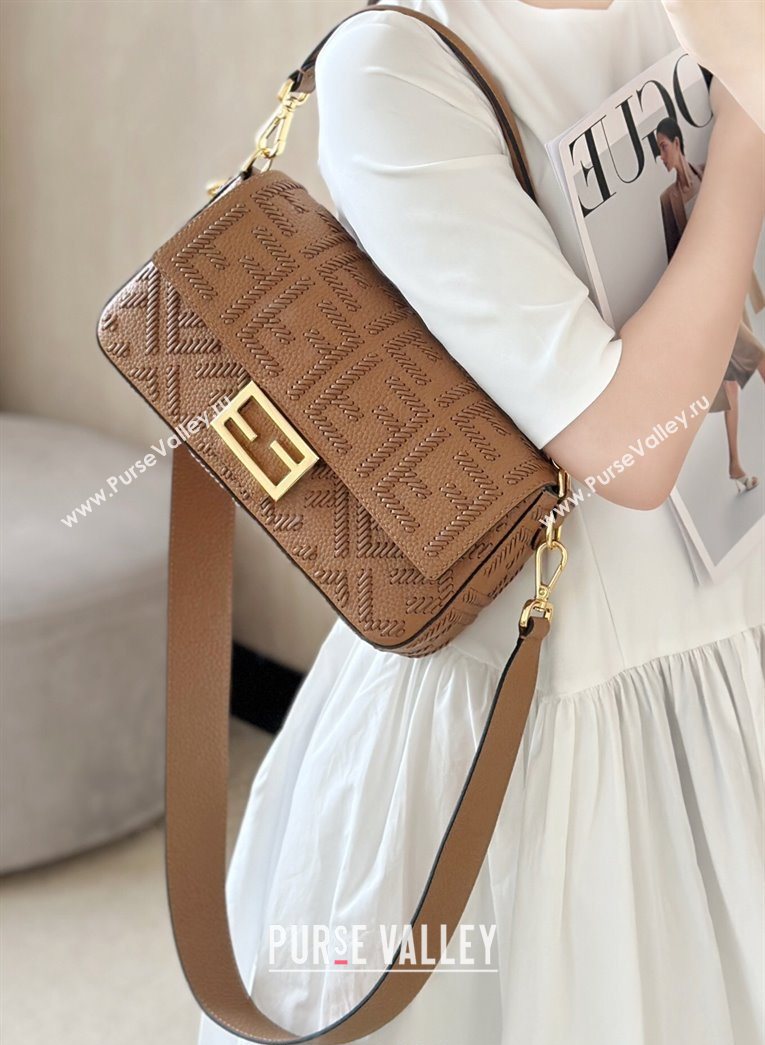 Fendi Baguette Medium Bag Cappuccino-colored leather bag with FF interlacing Brown 2025 8680 (CL-250628026)