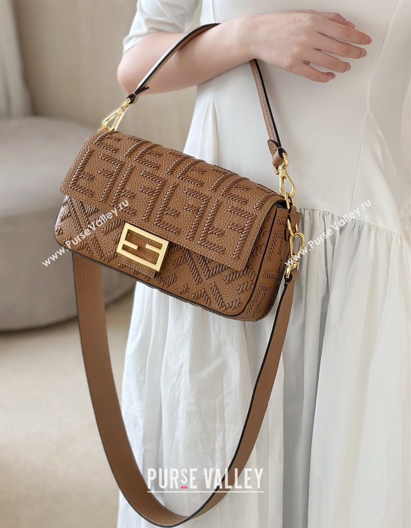 Fendi Baguette Medium Bag Cappuccino-colored leather bag with FF interlacing Brown 2025 8680 (CL-250628026)