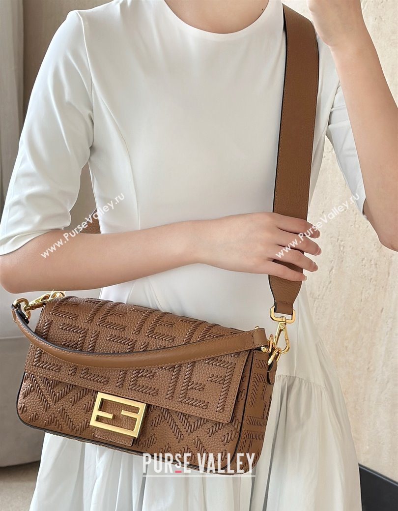 Fendi Baguette Medium Bag Cappuccino-colored leather bag with FF interlacing Brown 2025 8680 (CL-250628026)