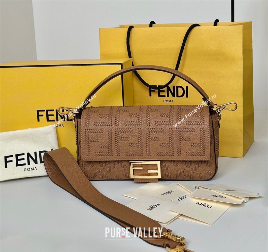 Fendi Baguette Medium Bag Cappuccino-colored leather bag with FF interlacing Brown 2025 8680 (CL-250628026)