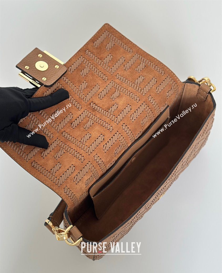 Fendi Baguette Medium Bag Cappuccino-colored leather bag with FF interlacing Brown 2025 8680 (CL-250628026)