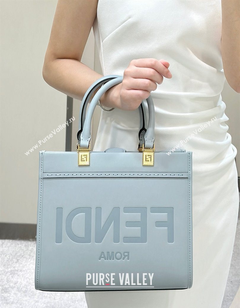 Fendi Sunshine Small Tote Bag in Logo Calfskin Leather Light Blue 2025 8618 (CL-250628033)