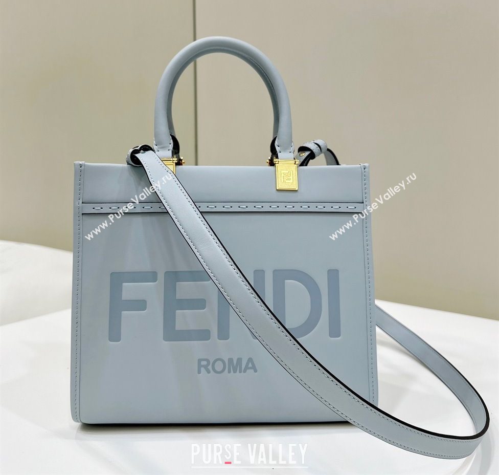 Fendi Sunshine Small Tote Bag in Logo Calfskin Leather Light Blue 2025 8618 (CL-250628033)
