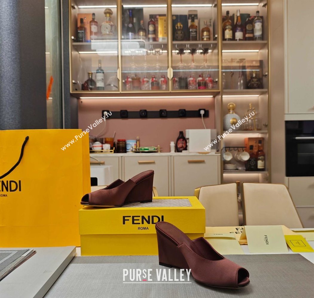 Fendi Arco Wedge Slides Sandal 8.5cm in Satin Dark Brown 2025 (MD-250710055)