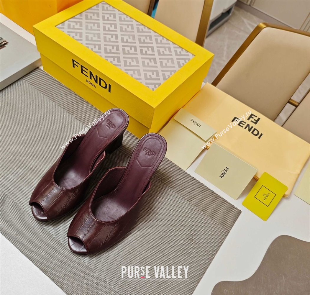 Fendi Arco Wedge Slides Sandal 8.5cm in Shiny Hagfish Embossed Leather Burgundy 2025 (MD-250710061)