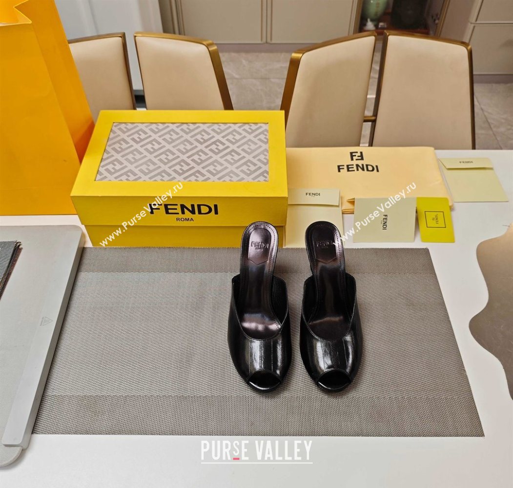 Fendi Arco Wedge Slides Sandal 8.5cm in Shiny Hagfish Embossed Leather Black 2025 (MD-250710062)