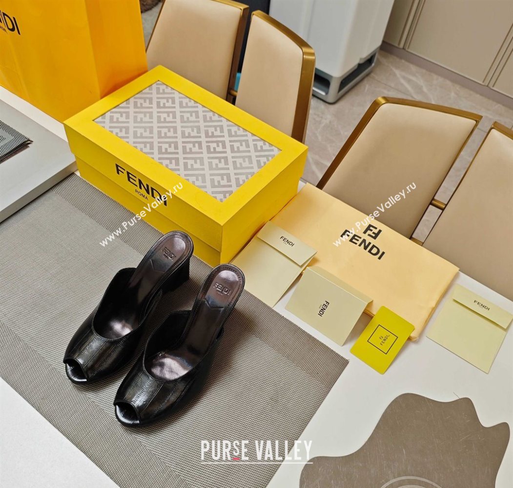 Fendi Arco Wedge Slides Sandal 8.5cm in Shiny Hagfish Embossed Leather Black 2025 (MD-250710062)