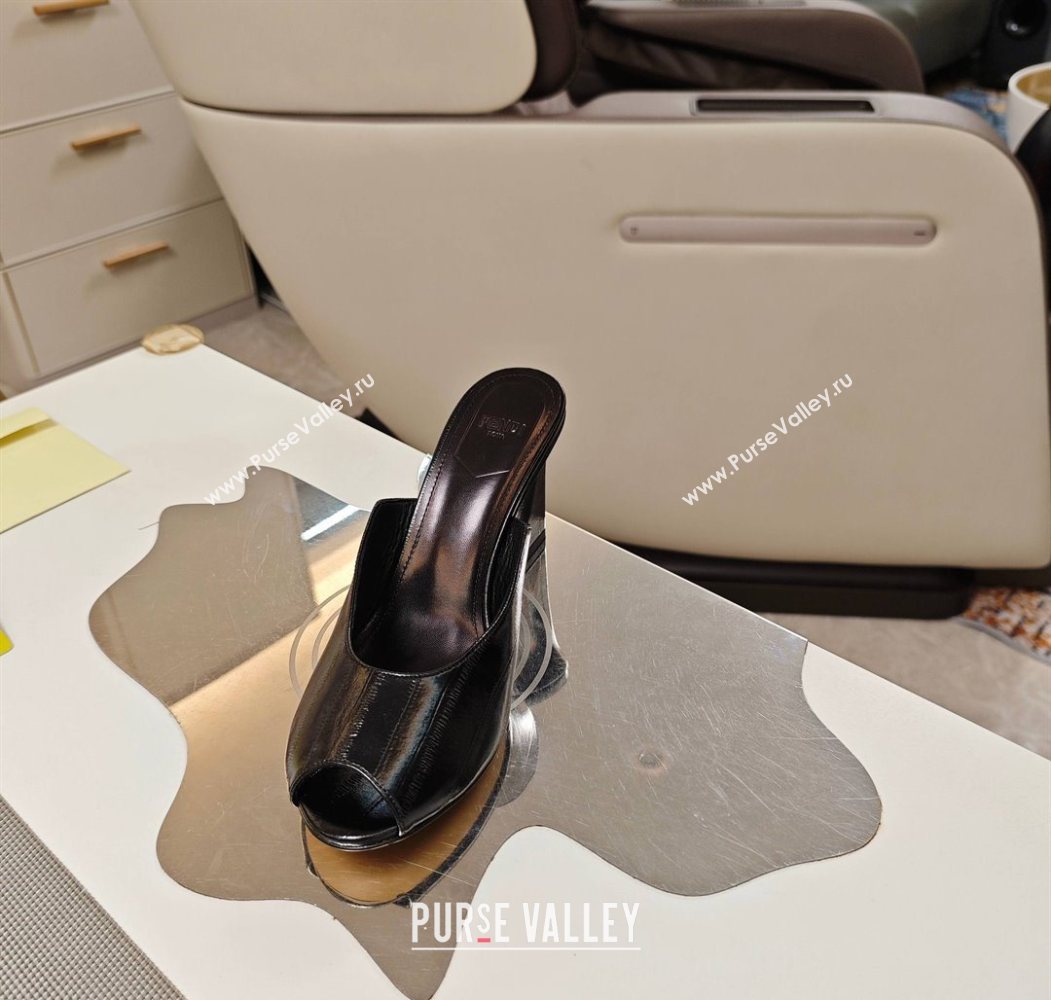 Fendi Arco Wedge Slides Sandal 8.5cm in Shiny Hagfish Embossed Leather Black 2025 (MD-250710062)