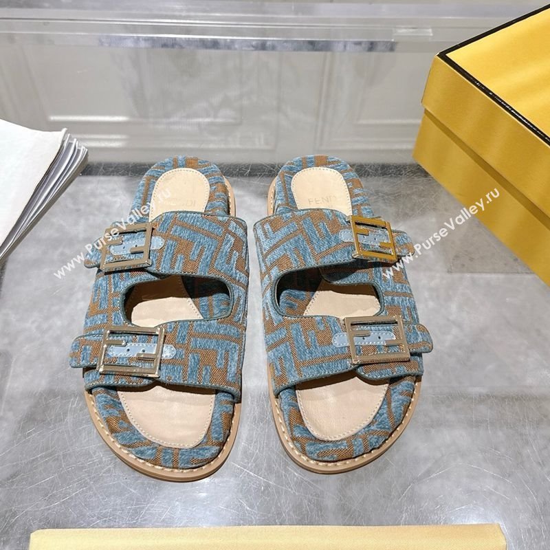Fendi Feel Flat Slides Sandal in FF Fabric Light Blue/Brown 2025 FE071001 (SS-250710063)