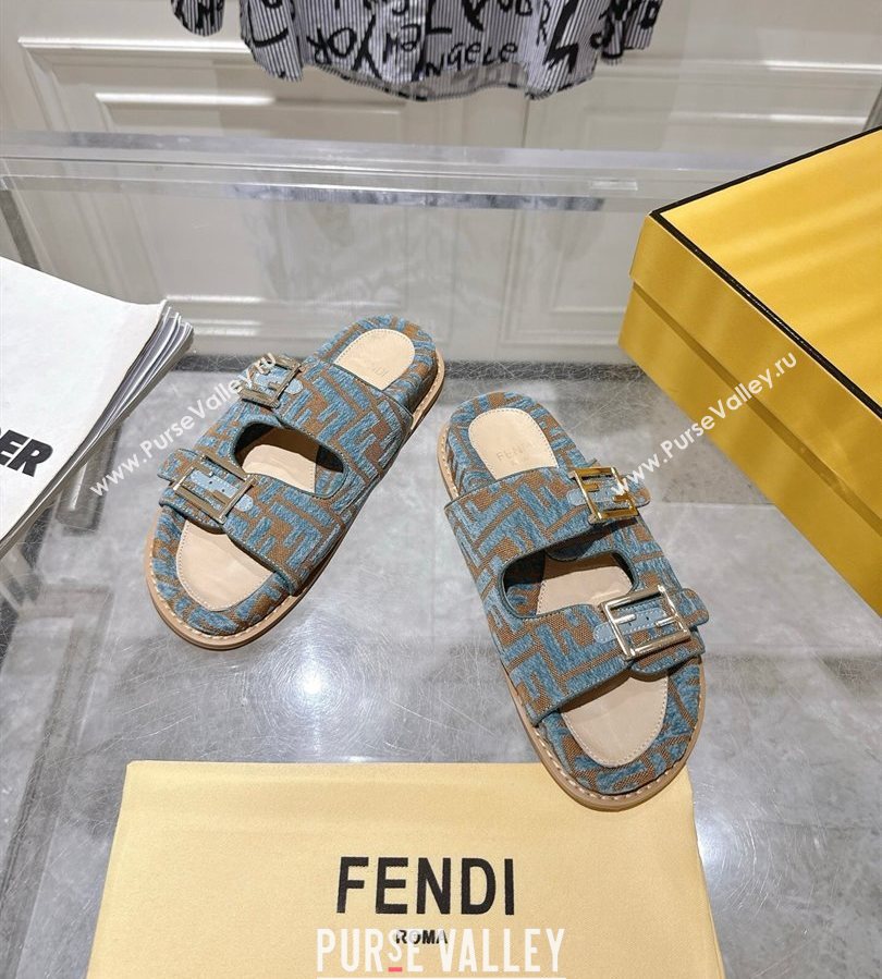 Fendi Feel Flat Slides Sandal in FF Fabric Light Blue/Brown 2025 FE071001 (SS-250710063)