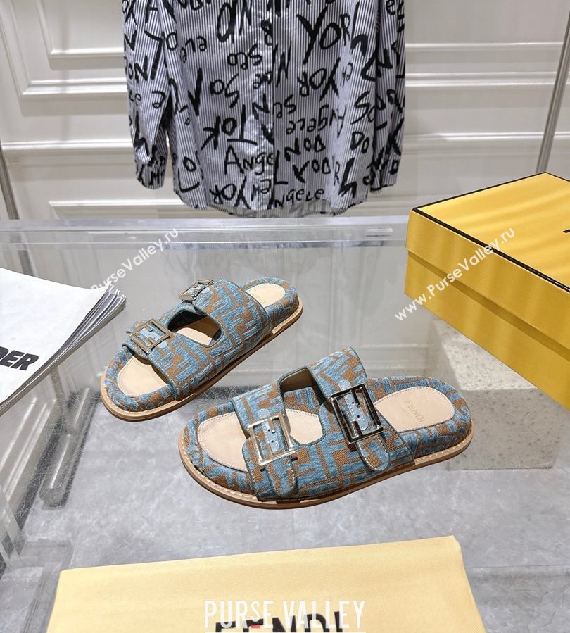 Fendi Feel Flat Slides Sandal in FF Fabric Light Blue/Brown 2025 FE071001 (SS-250710063)