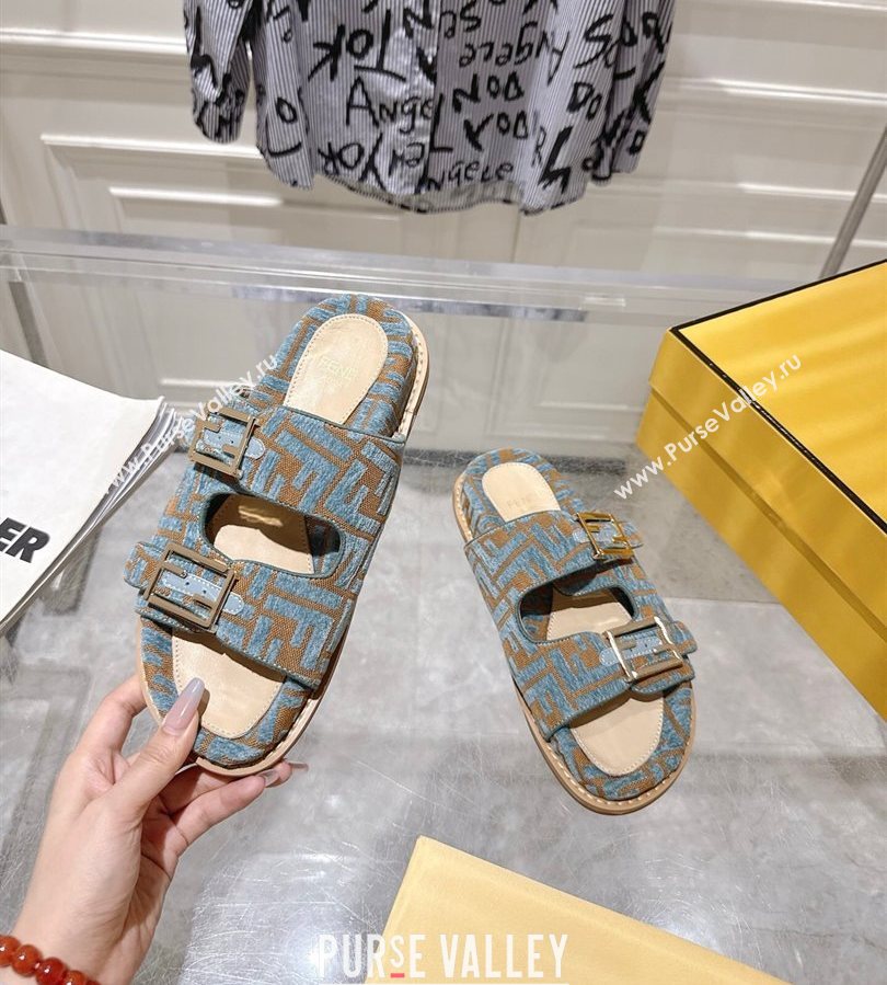 Fendi Feel Flat Slides Sandal in FF Fabric Light Blue/Brown 2025 FE071001 (SS-250710063)