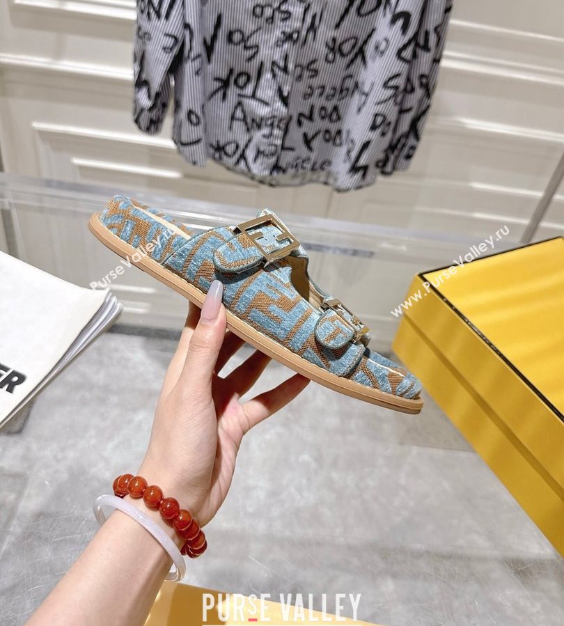 Fendi Feel Flat Slides Sandal in FF Fabric Light Blue/Brown 2025 FE071001 (SS-250710063)