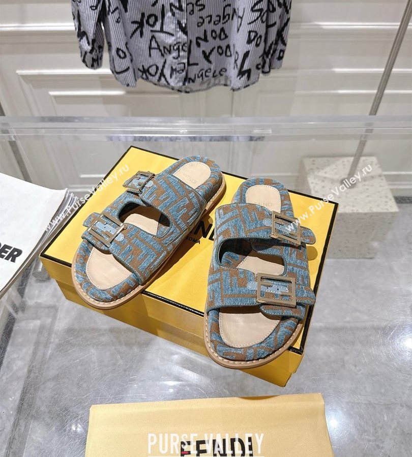 Fendi Feel Flat Slides Sandal in FF Fabric Light Blue/Brown 2025 FE071001 (SS-250710063)