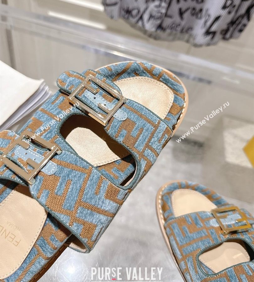 Fendi Feel Flat Slides Sandal in FF Fabric Light Blue/Brown 2025 FE071001 (SS-250710063)
