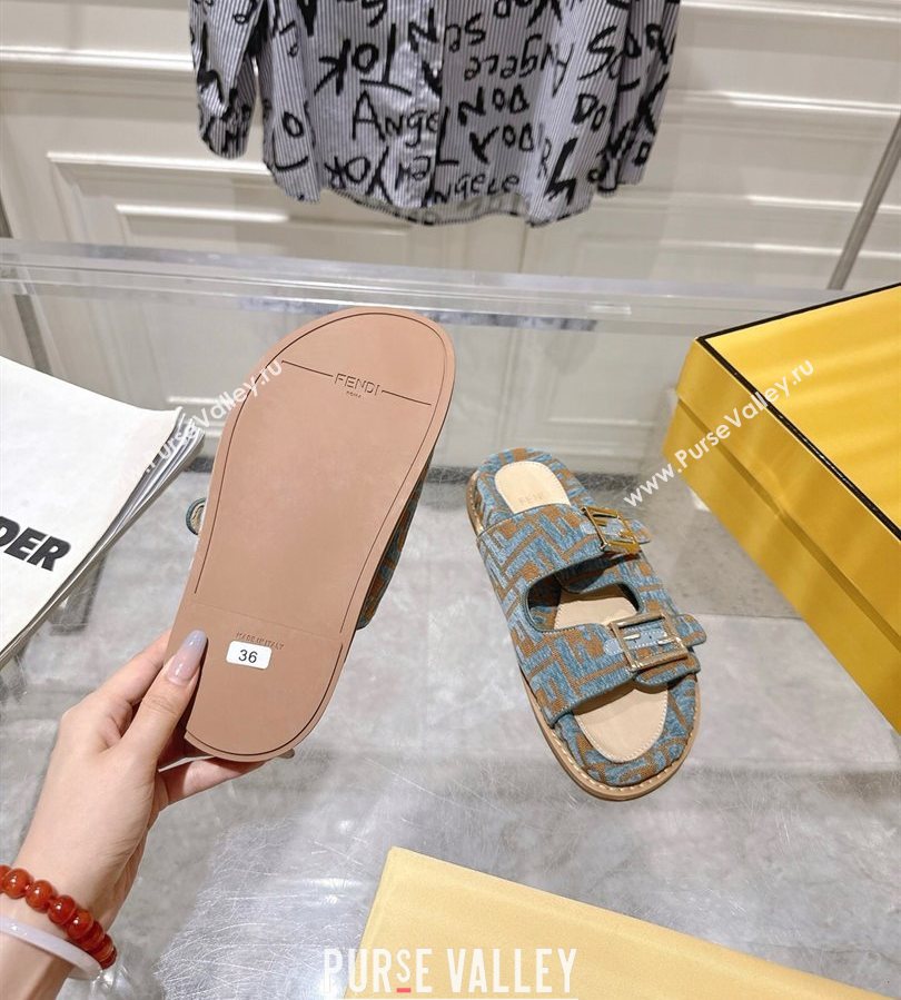 Fendi Feel Flat Slides Sandal in FF Fabric Light Blue/Brown 2025 FE071001 (SS-250710063)