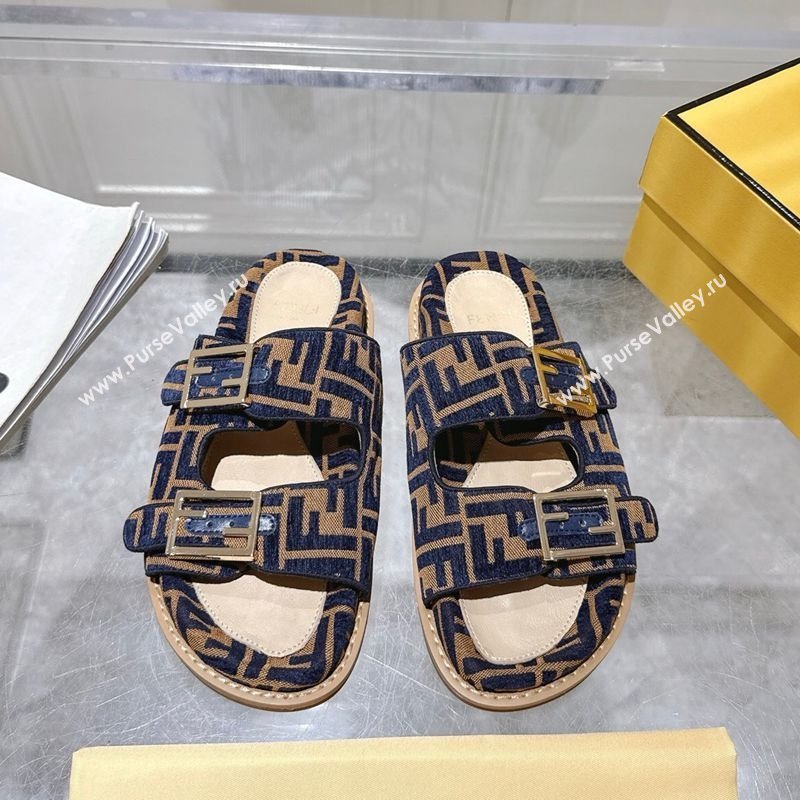 Fendi Feel Flat Slides Sandal in FF Fabric Navy Blue/Brown 2025 FE071001 (SS-250710064)