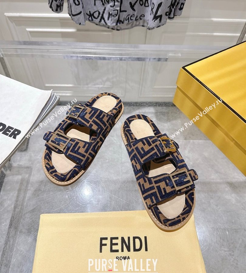 Fendi Feel Flat Slides Sandal in FF Fabric Navy Blue/Brown 2025 FE071001 (SS-250710064)