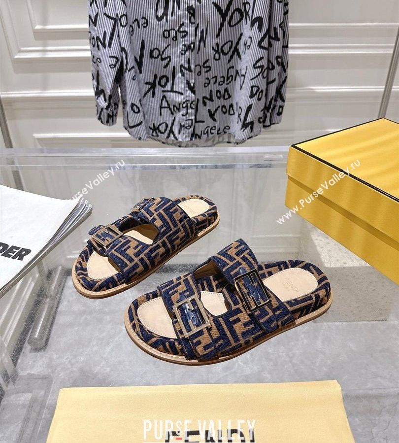 Fendi Feel Flat Slides Sandal in FF Fabric Navy Blue/Brown 2025 FE071001 (SS-250710064)