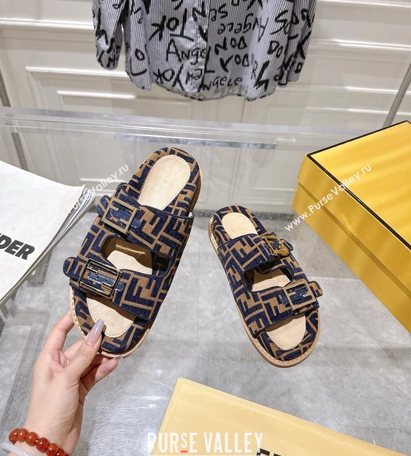 Fendi Feel Flat Slides Sandal in FF Fabric Navy Blue/Brown 2025 FE071001 (SS-250710064)