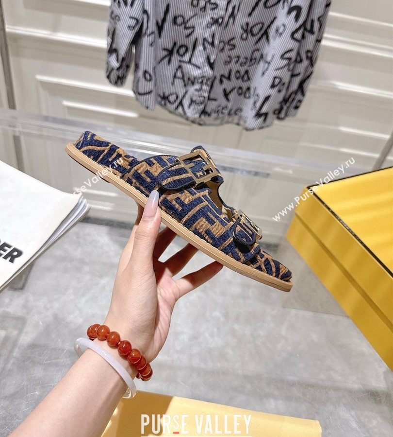 Fendi Feel Flat Slides Sandal in FF Fabric Navy Blue/Brown 2025 FE071001 (SS-250710064)