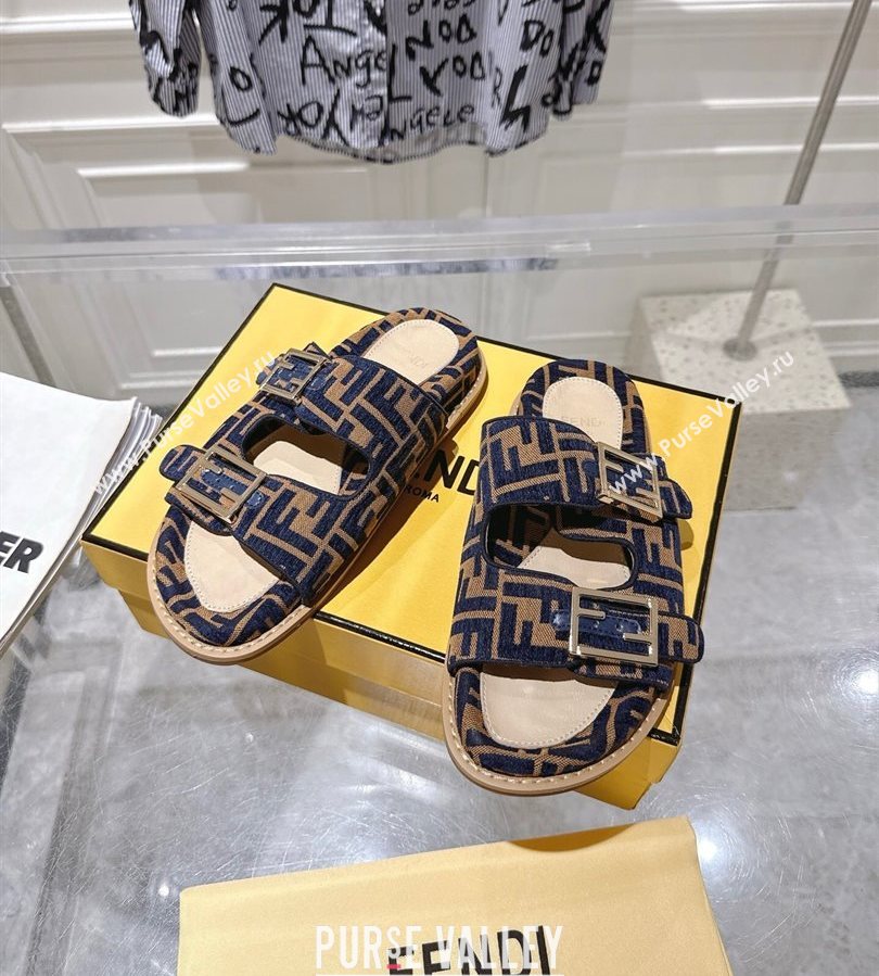 Fendi Feel Flat Slides Sandal in FF Fabric Navy Blue/Brown 2025 FE071001 (SS-250710064)