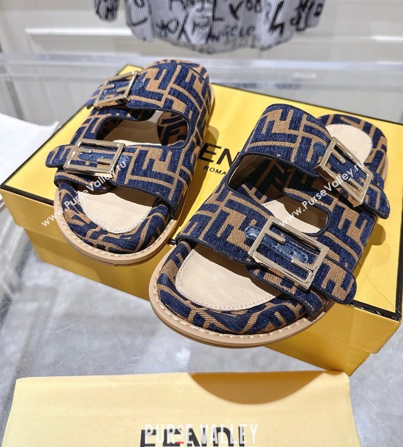 Fendi Feel Flat Slides Sandal in FF Fabric Navy Blue/Brown 2025 FE071001 (SS-250710064)