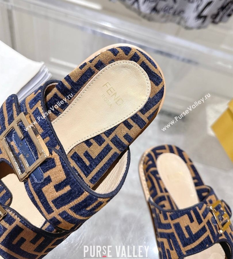 Fendi Feel Flat Slides Sandal in FF Fabric Navy Blue/Brown 2025 FE071001 (SS-250710064)