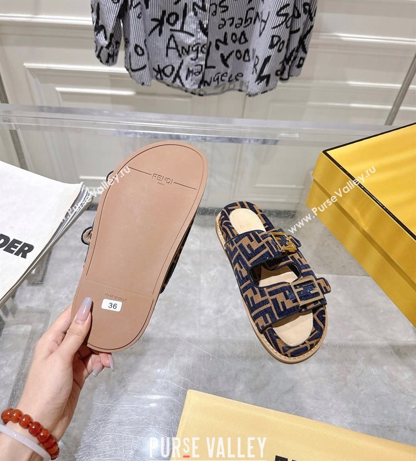 Fendi Feel Flat Slides Sandal in FF Fabric Navy Blue/Brown 2025 FE071001 (SS-250710064)