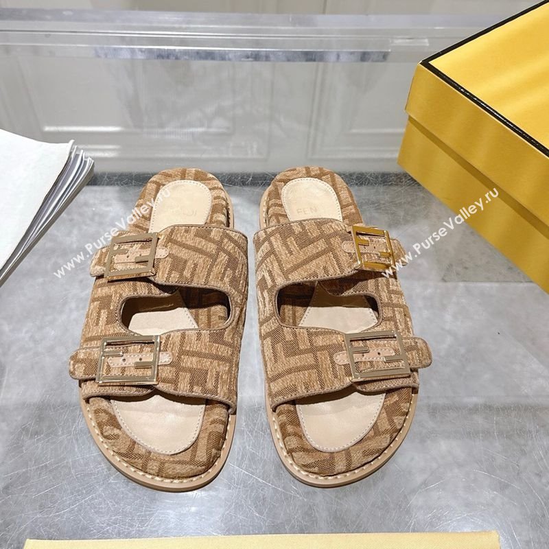 Fendi Feel Flat Slides Sandal in FF Fabric Beige/Brown 2025 FE071001 (SS-250710066)