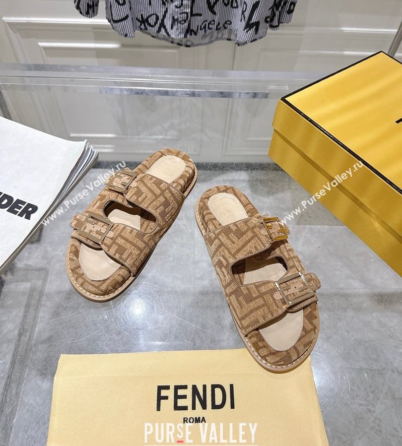 Fendi Feel Flat Slides Sandal in FF Fabric Beige/Brown 2025 FE071001 (SS-250710066)