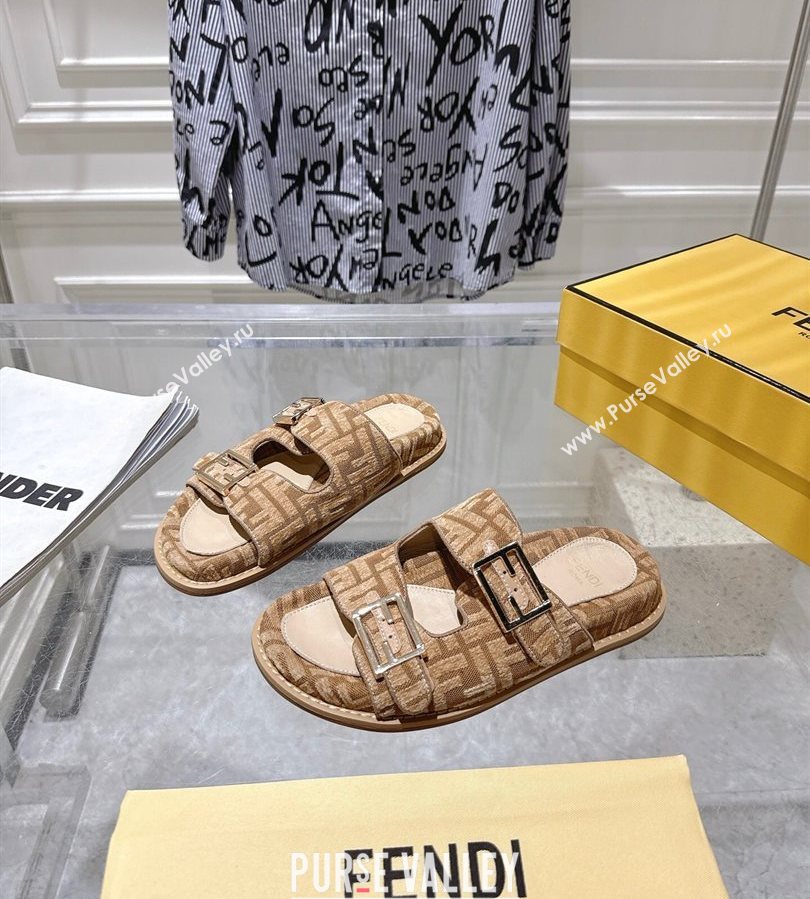 Fendi Feel Flat Slides Sandal in FF Fabric Beige/Brown 2025 FE071001 (SS-250710066)