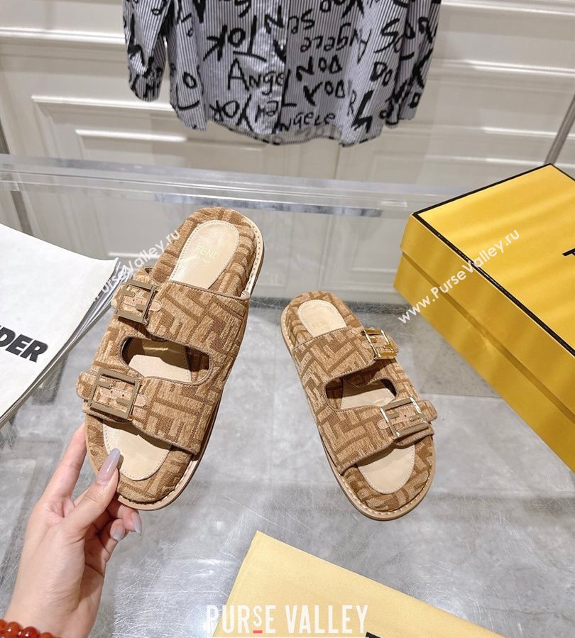 Fendi Feel Flat Slides Sandal in FF Fabric Beige/Brown 2025 FE071001 (SS-250710066)