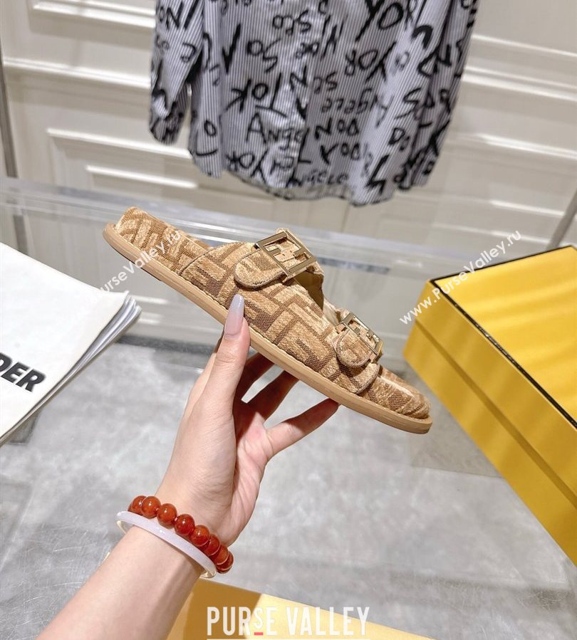 Fendi Feel Flat Slides Sandal in FF Fabric Beige/Brown 2025 FE071001 (SS-250710066)