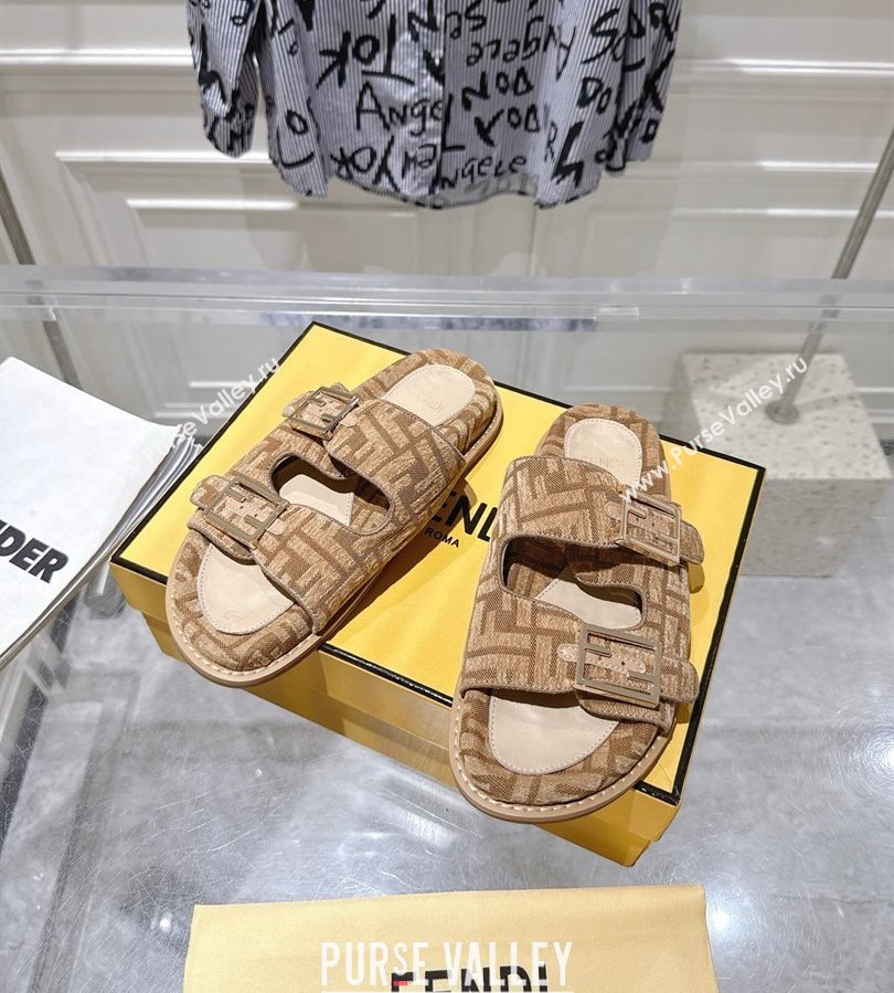 Fendi Feel Flat Slides Sandal in FF Fabric Beige/Brown 2025 FE071001 (SS-250710066)