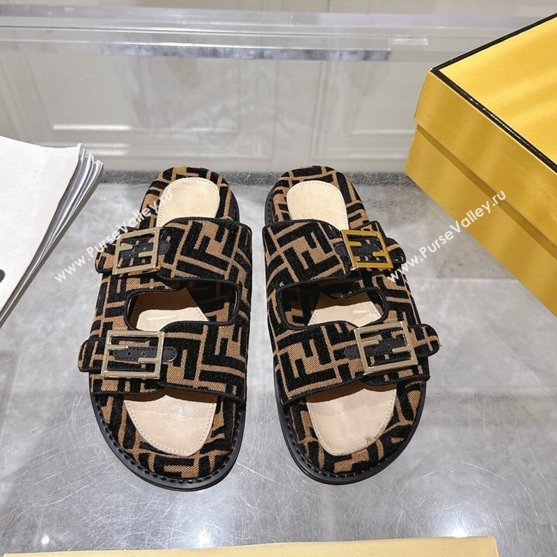 Fendi Feel Flat Slides Sandal in FF Fabric Black/Brown 2025 FE071001 (SS-250710067)