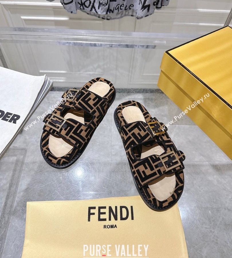 Fendi Feel Flat Slides Sandal in FF Fabric Black/Brown 2025 FE071001 (SS-250710067)
