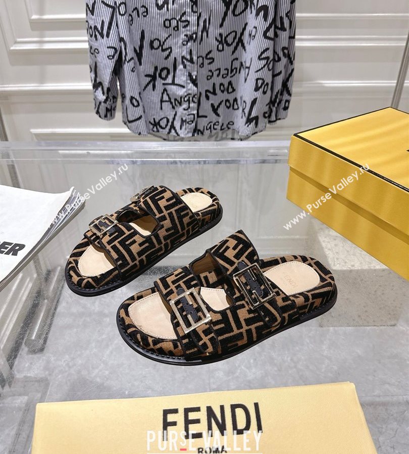 Fendi Feel Flat Slides Sandal in FF Fabric Black/Brown 2025 FE071001 (SS-250710067)