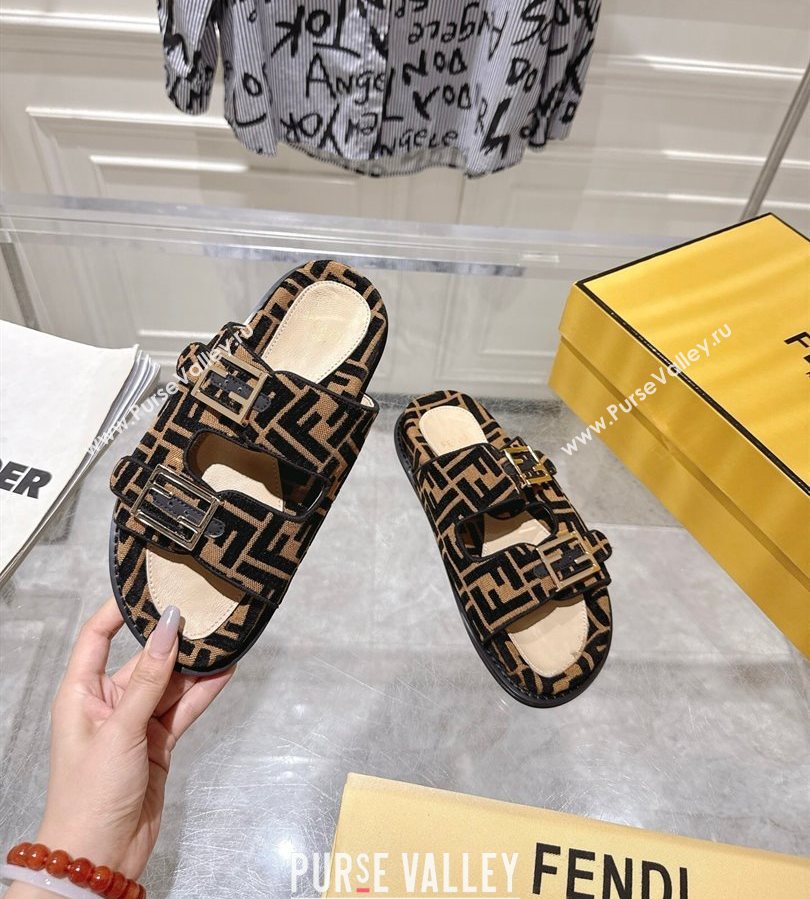 Fendi Feel Flat Slides Sandal in FF Fabric Black/Brown 2025 FE071001 (SS-250710067)