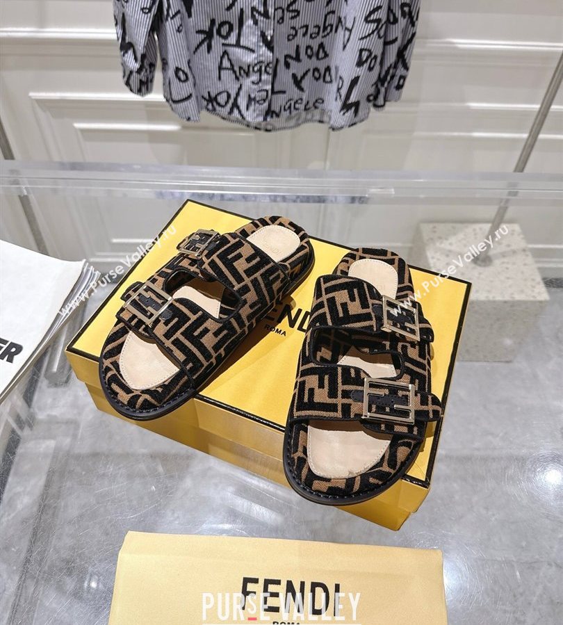 Fendi Feel Flat Slides Sandal in FF Fabric Black/Brown 2025 FE071001 (SS-250710067)