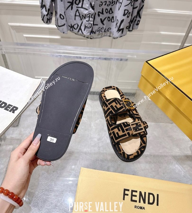 Fendi Feel Flat Slides Sandal in FF Fabric Black/Brown 2025 FE071001 (SS-250710067)